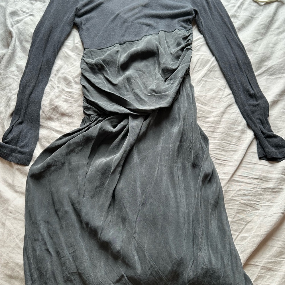 Black silk Sheath Mini Dress with Bishop Sleeves